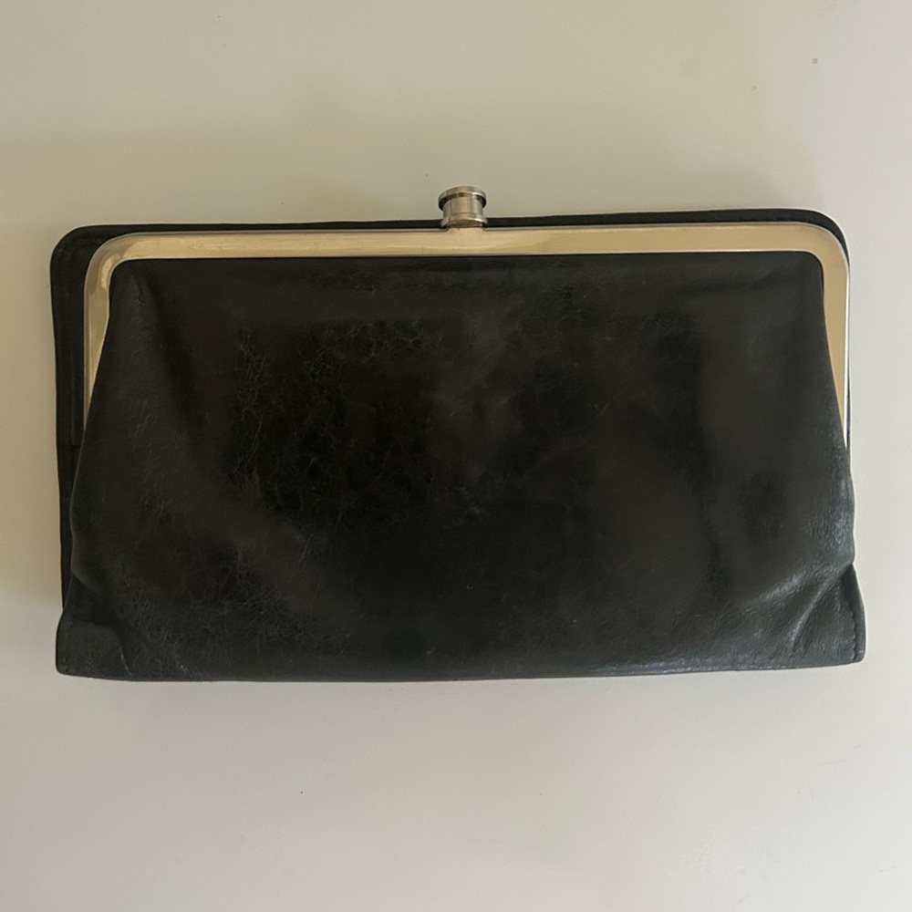 HOBO Black Leather Frame Clutch with Silver Hardware